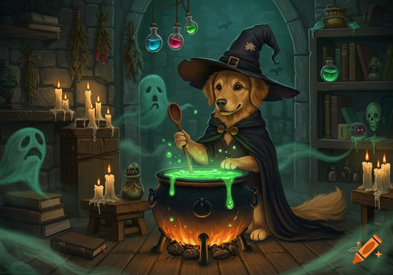 A golden retriever witch stirs a glowing green cauldron in a spooky chamber with floating ghosts and candles, digital painting.
