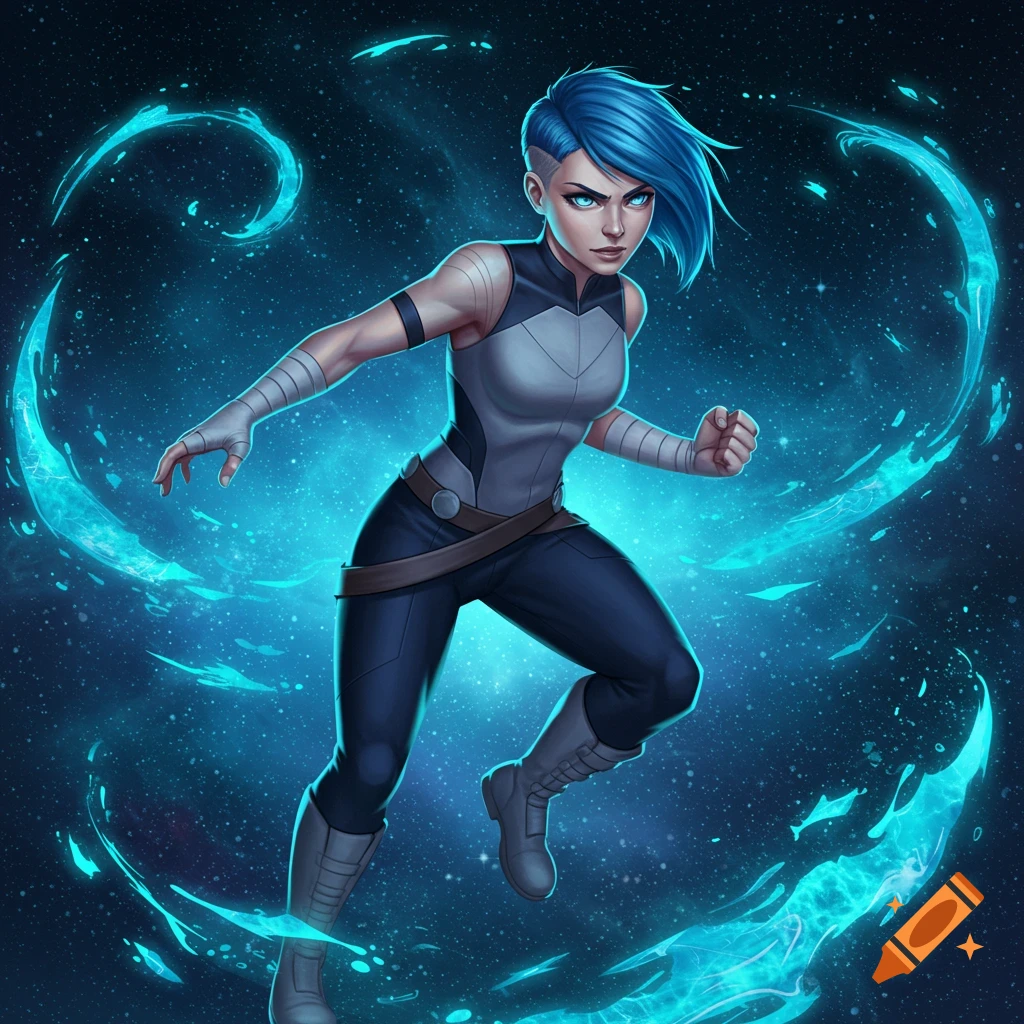 A blue-haired woman in an athletic suit, surrounded by glowing blue energy, against a starry cosmic background in a digital art style.