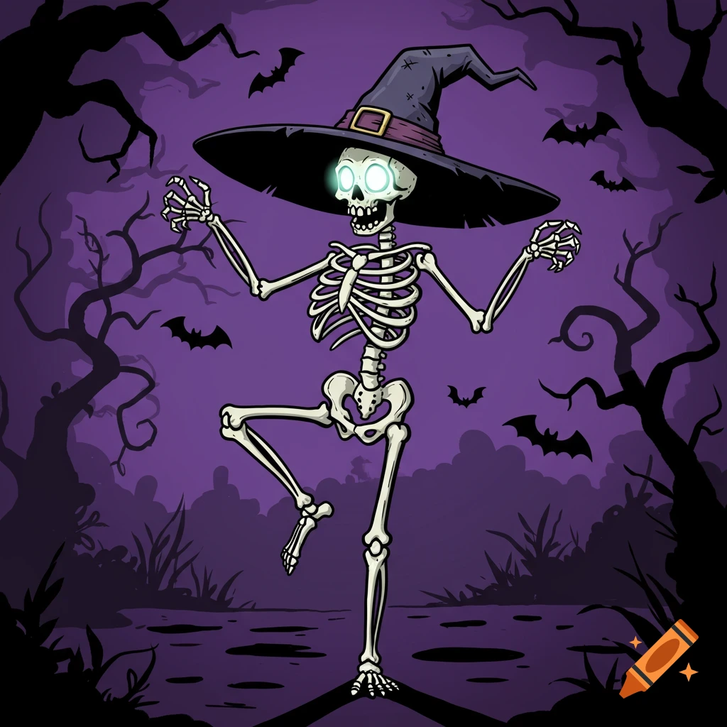 A cartoon skeleton wearing a witch's hat dances in a spooky purple forest with bats, in a comic book art style.
