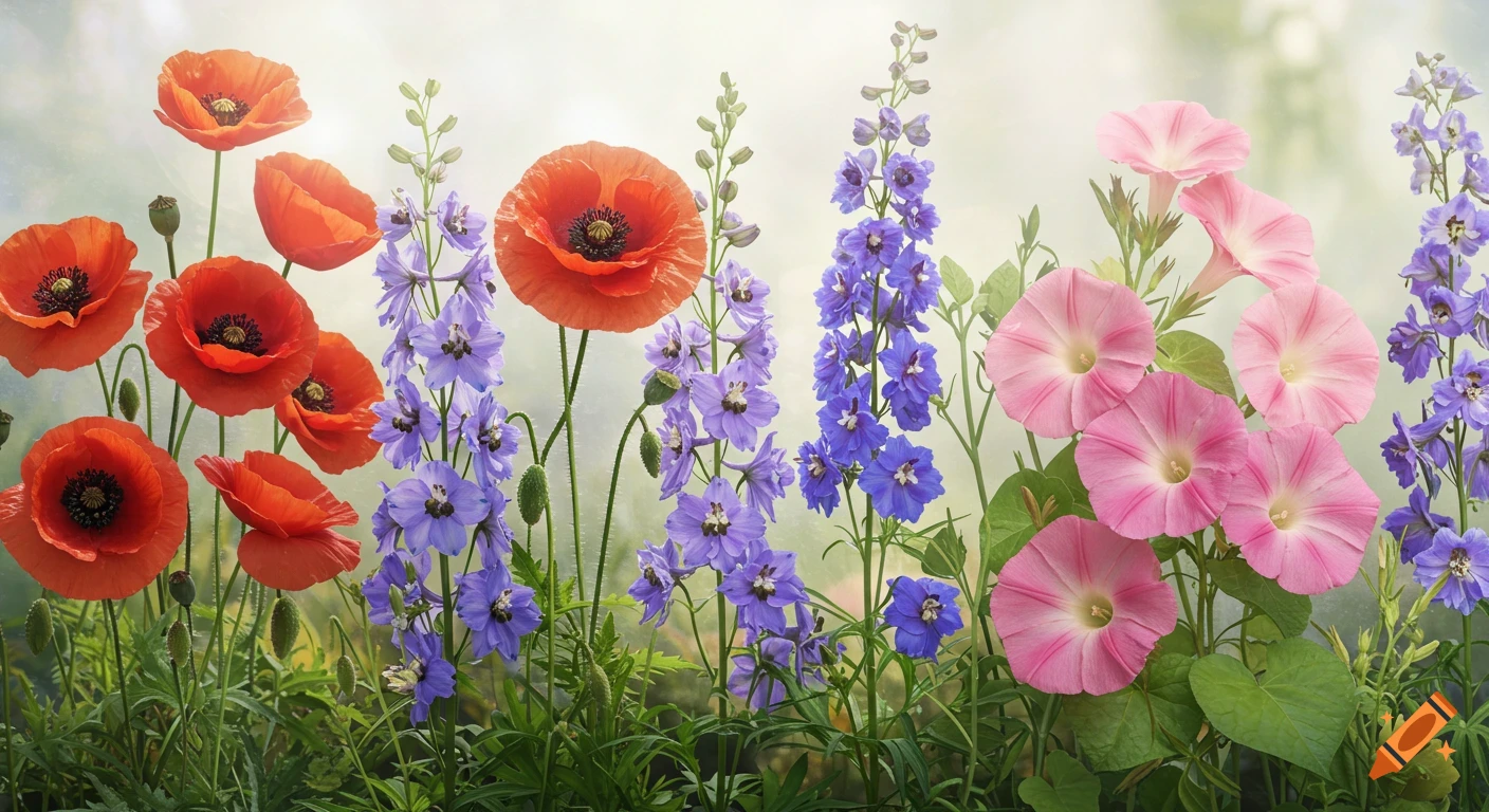 A vibrant horizontal display of red poppies, purple delphiniums, and pink morning glories in a lush garden.