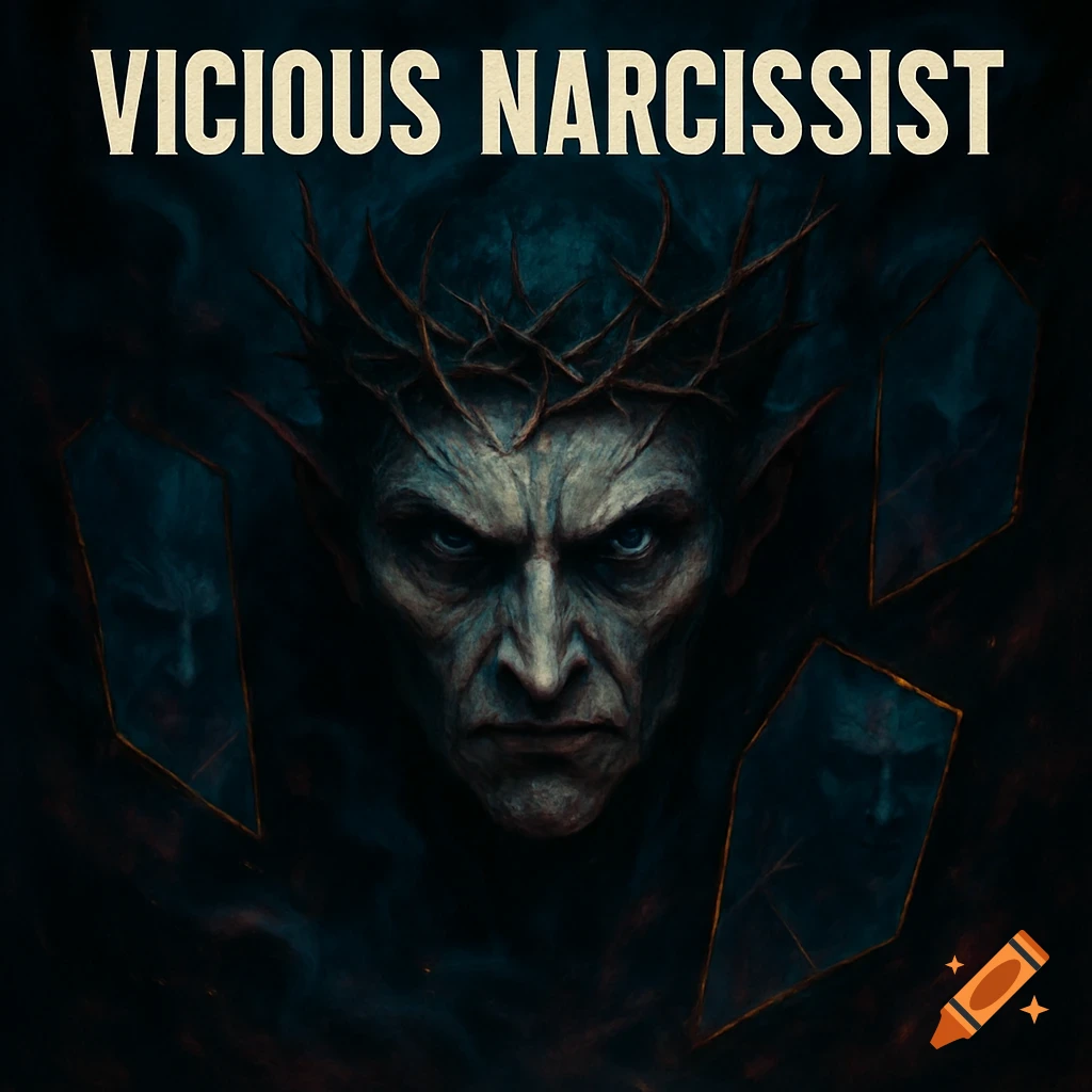 A dark fantasy album cover of a pale, sinister man with pointed ears and a crown of thorns, with 'VICIOUS NARCISSIST' text.