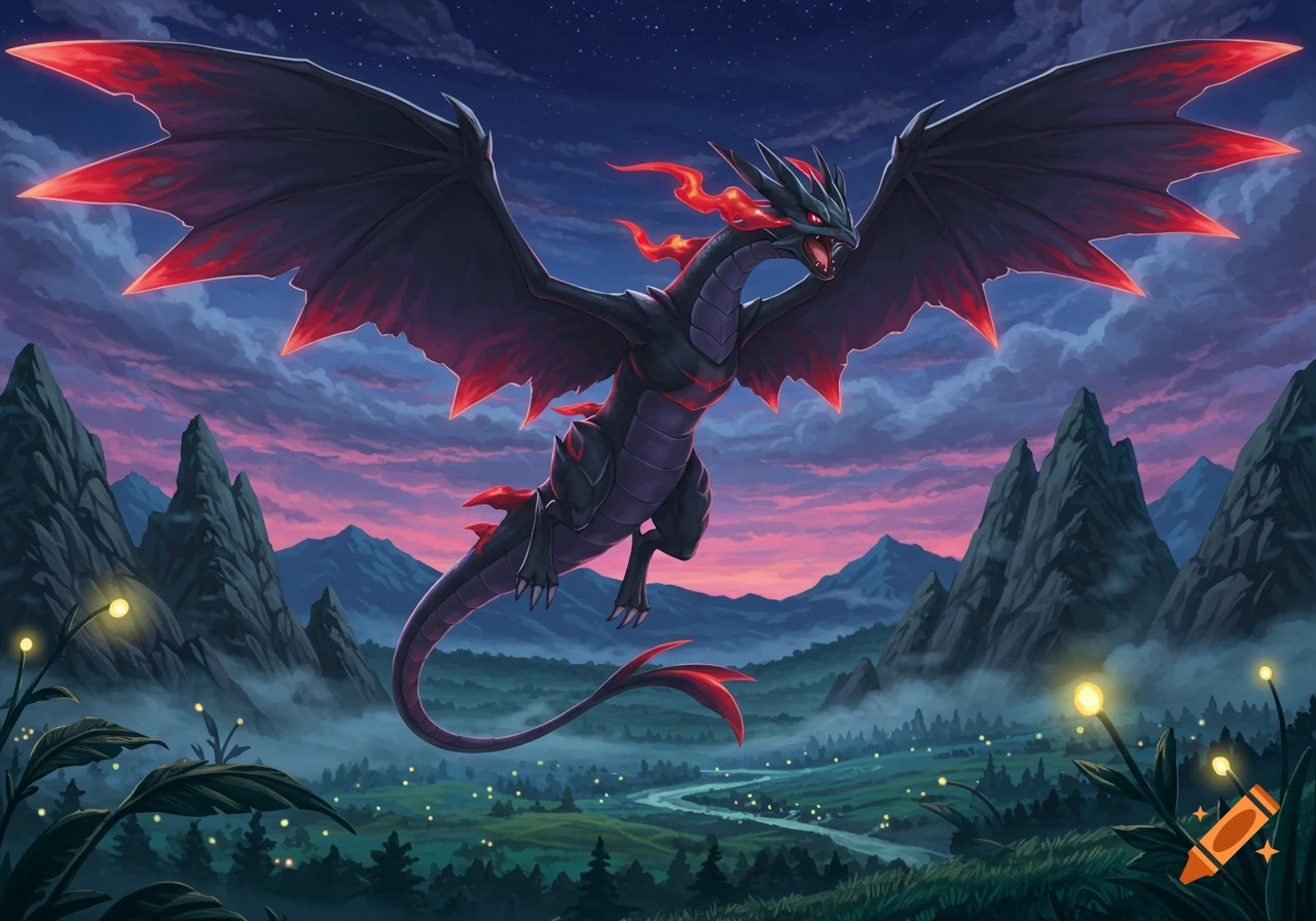 A black dragon with glowing red accents flies over a misty mountain valley with a river and luminous plants under a starry twilight sky.