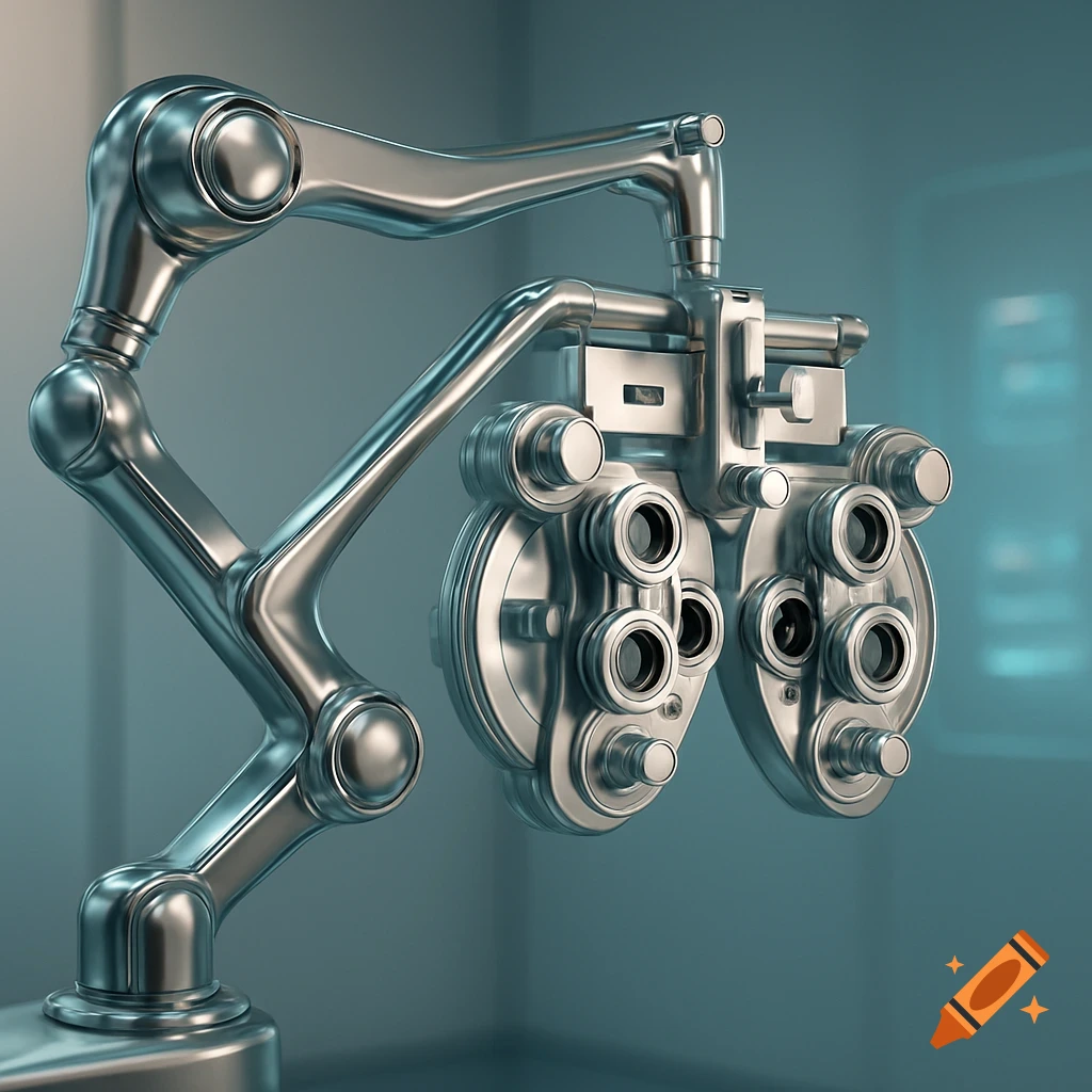 A detailed, photorealistic close-up of a polished silver phoropter arm with multiple lenses and adjustment knobs.