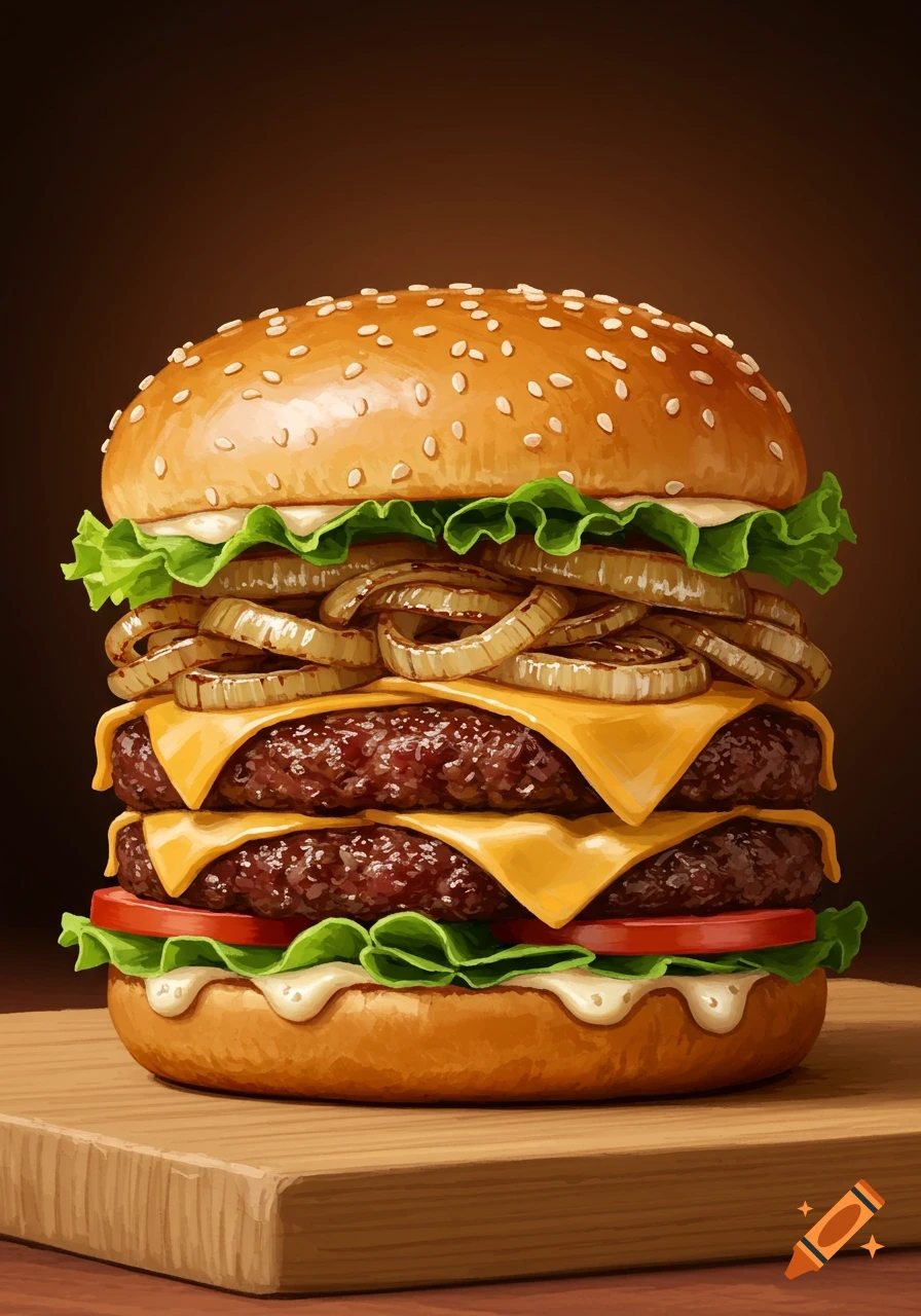 A vibrant, illustrative close-up of a tall double cheeseburger with lettuce, tomato, and abundant caramelized onions on a sesame seed bun.
