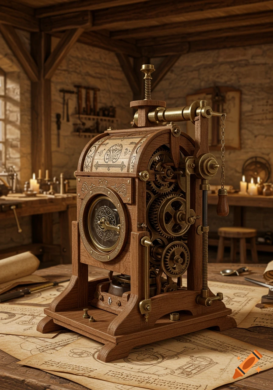 An ornate wooden and brass steampunk-style machine with visible gears and intricate mechanisms sits on parchment blueprints in an old workshop.