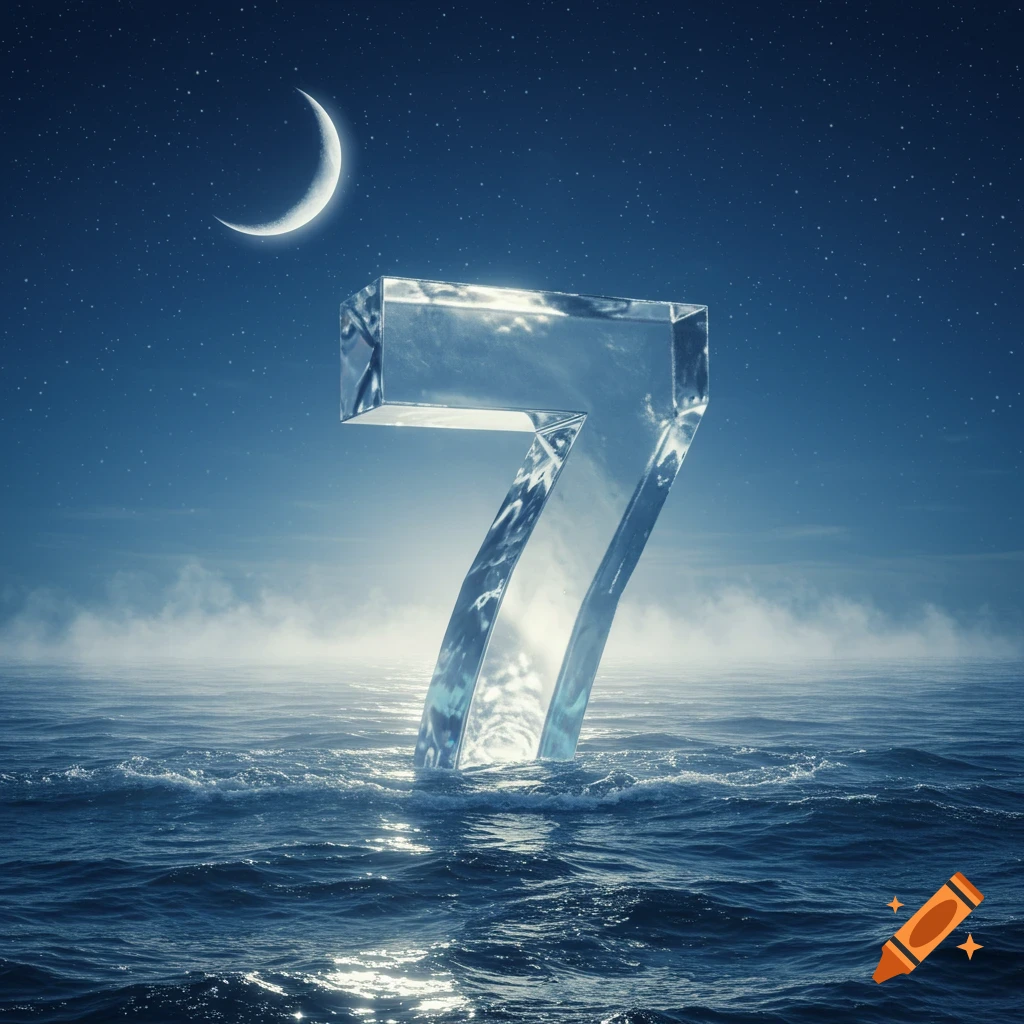 A giant, reflective ice or glass number 7 stands in a dark, wavy ocean under a starry night sky with a crescent moon.