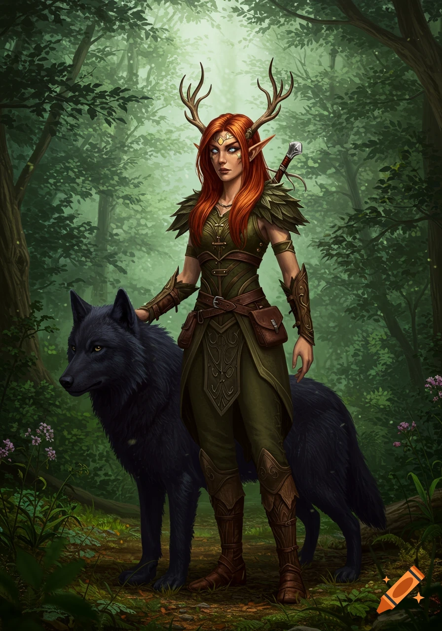 Red-haired Wood Elf druid with antlers and a black wolf stand in a lush forest in a fantasy art style.