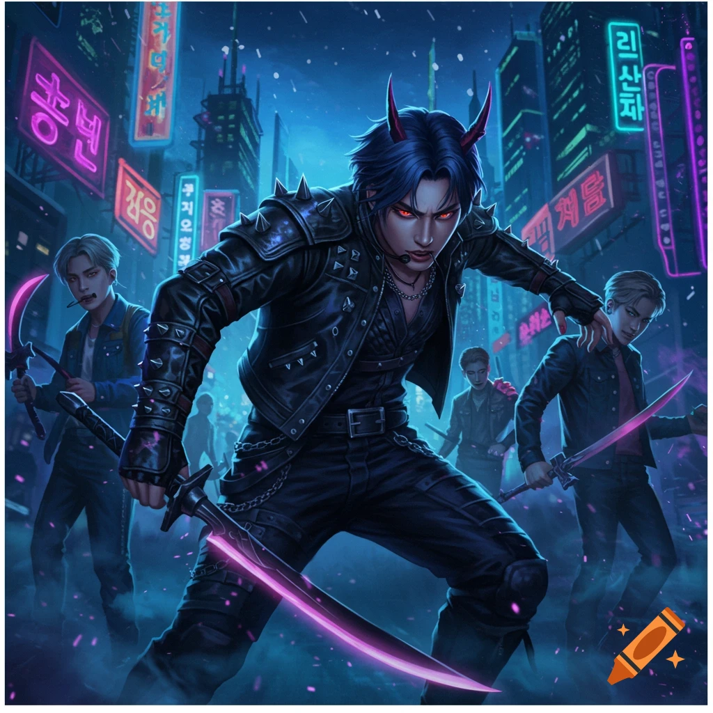 Stylized male demon hunters, one with red horns and glowing eyes, wielding a neon sword in a dark, cyberpunk city with neon signs.