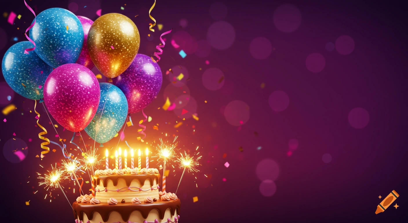 A vibrant birthday cake with lit candles and sparklers, surrounded by colorful balloons and falling confetti against a purple background.