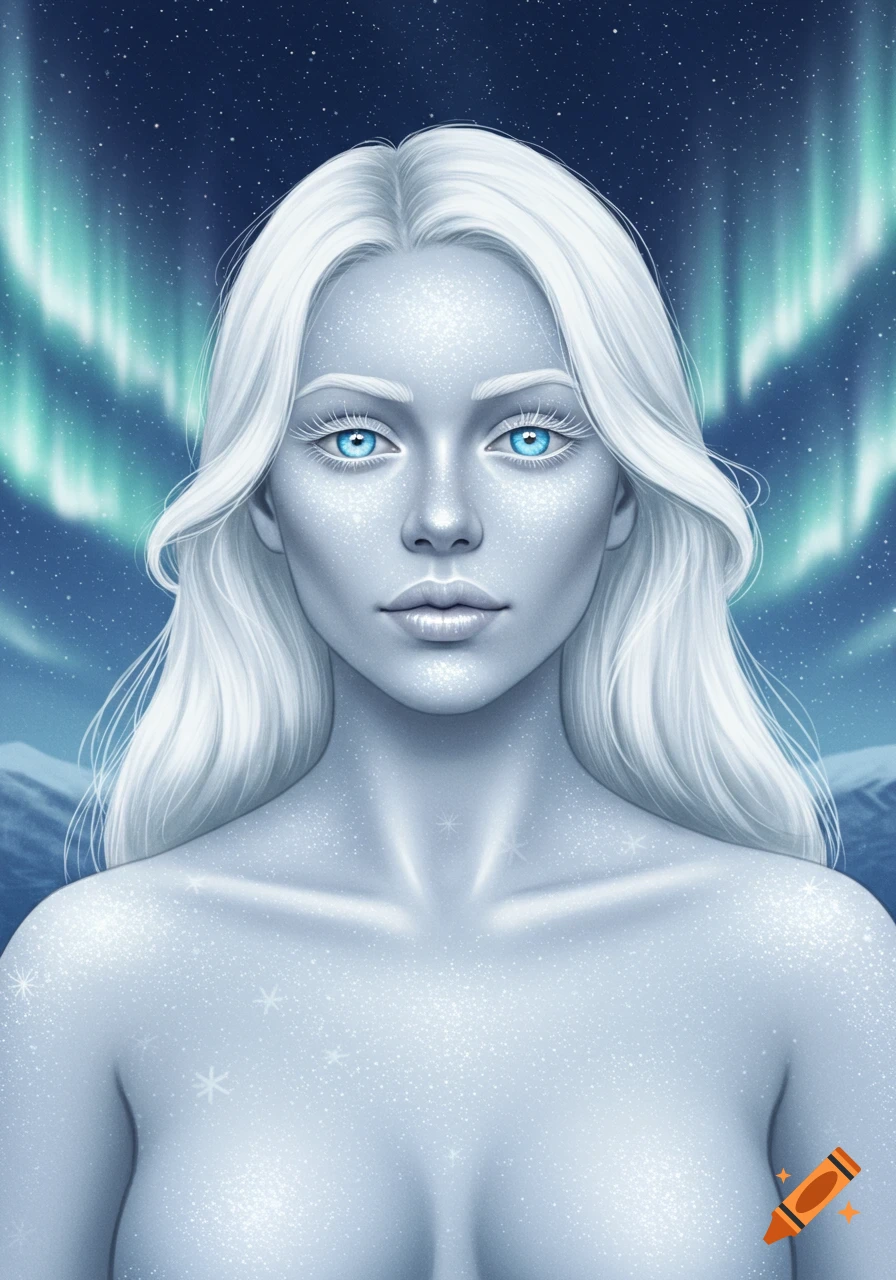 Ethereal woman with white hair, icy blue eyes, and shimmering skin against an aurora borealis and snowy mountain backdrop.