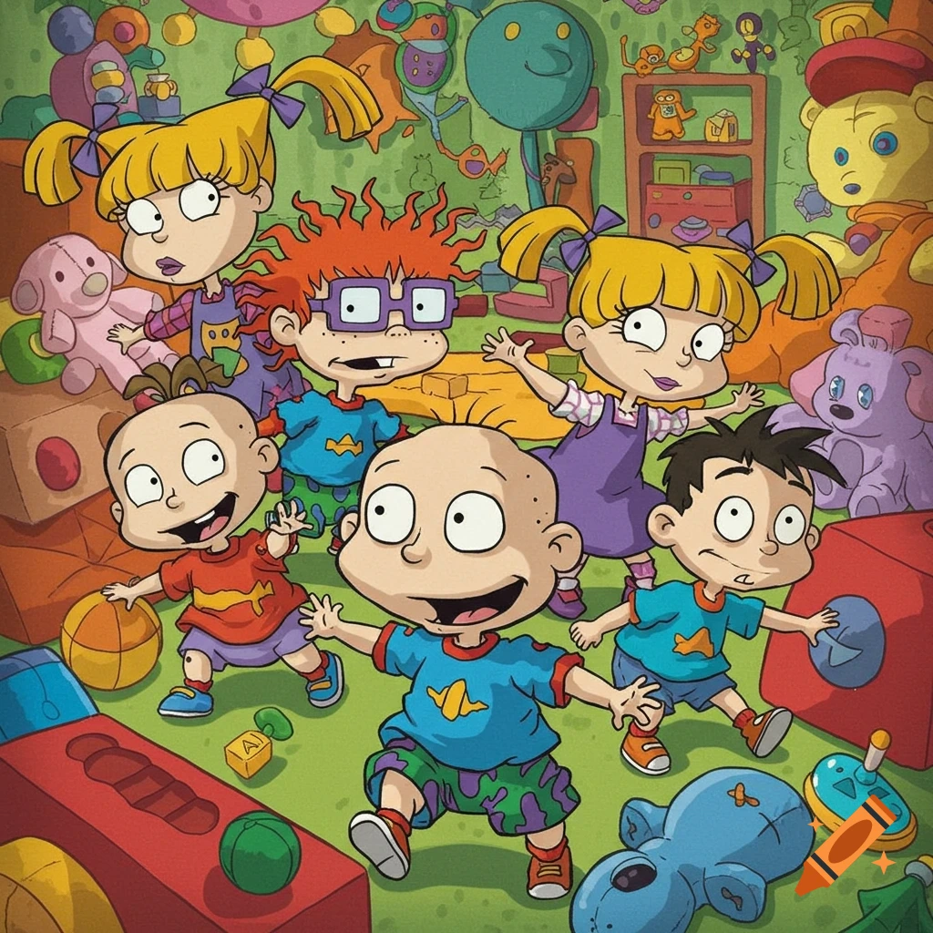 Cartoon image of multiple Rugrats characters, including Tommy, Chuckie, and  Angelica, playing in a colorful playroom filled with toys. on Craiyon, image size:1024x1024