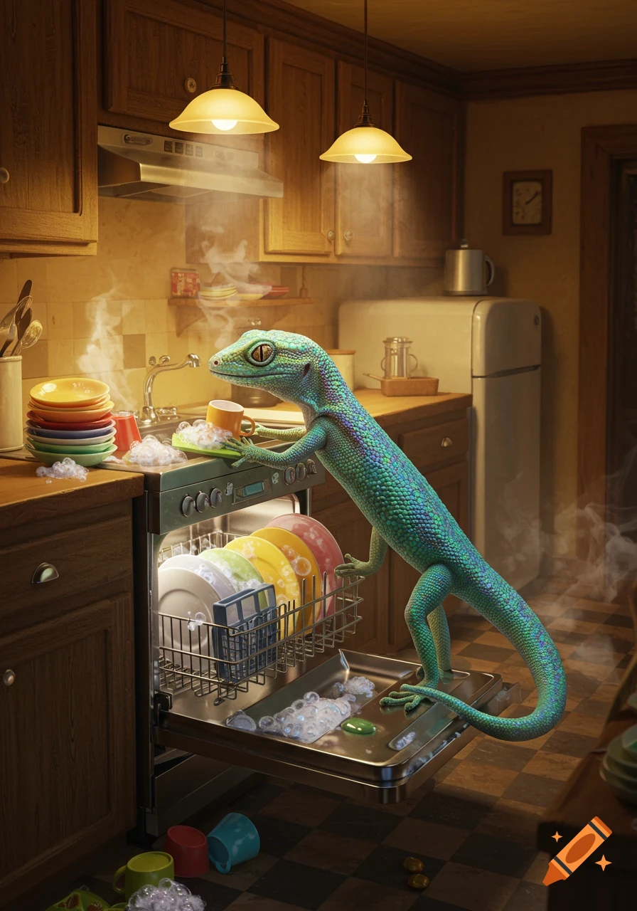 A large, blue-green lizard stands in a kitchen, loading dishes into an open dishwasher, with bubbles and steam rising from the counter.