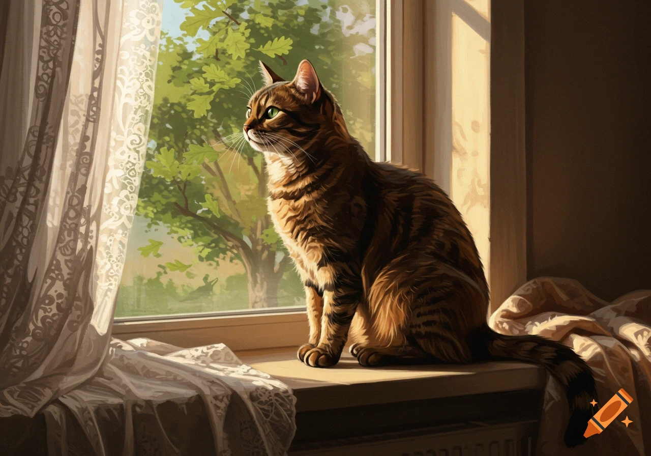 A brown tabby cat with green eyes sits on a sunlit windowsill, looking out at a lush green tree.