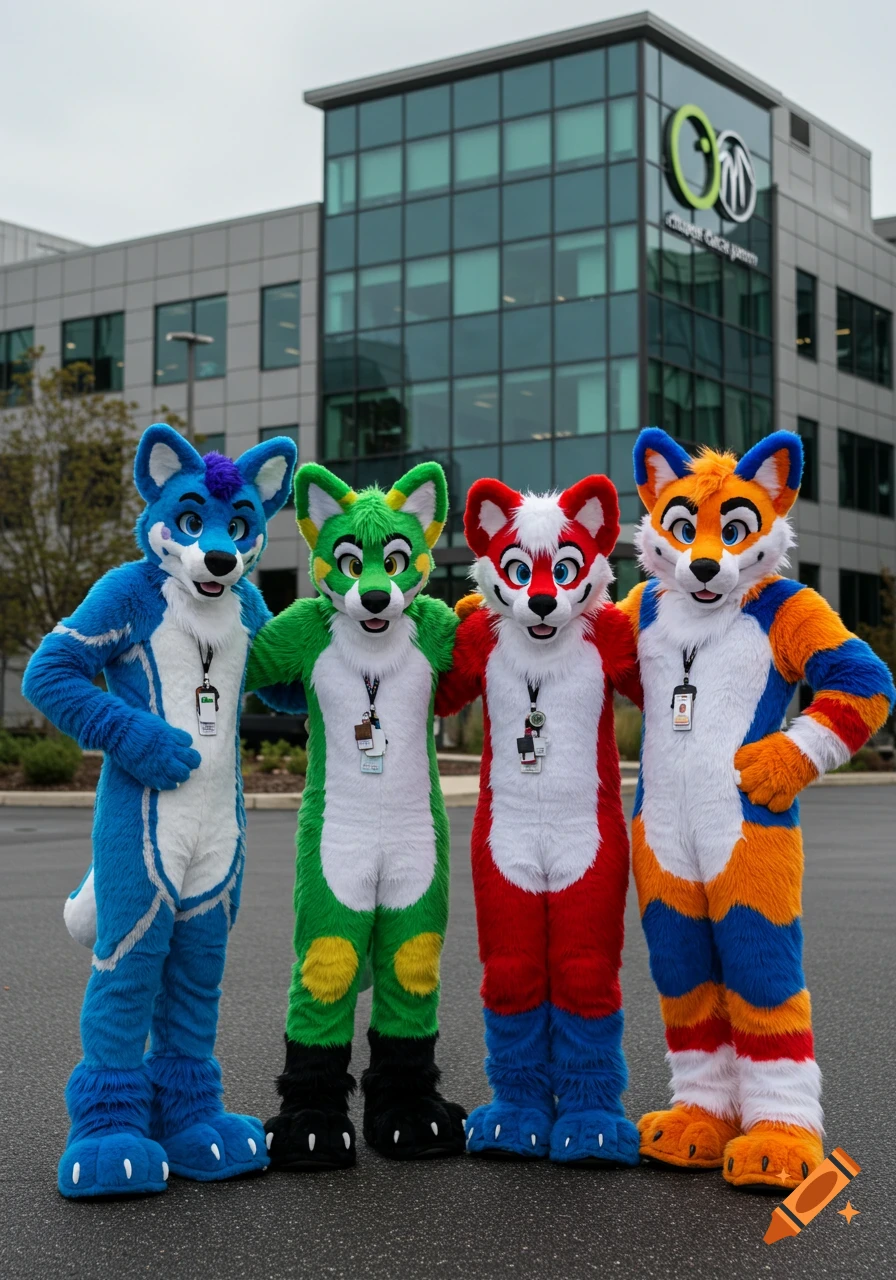 Four colorful fursuit characters, blue, green, red, and orange, stand arm-in-arm in front of a modern glass office building.