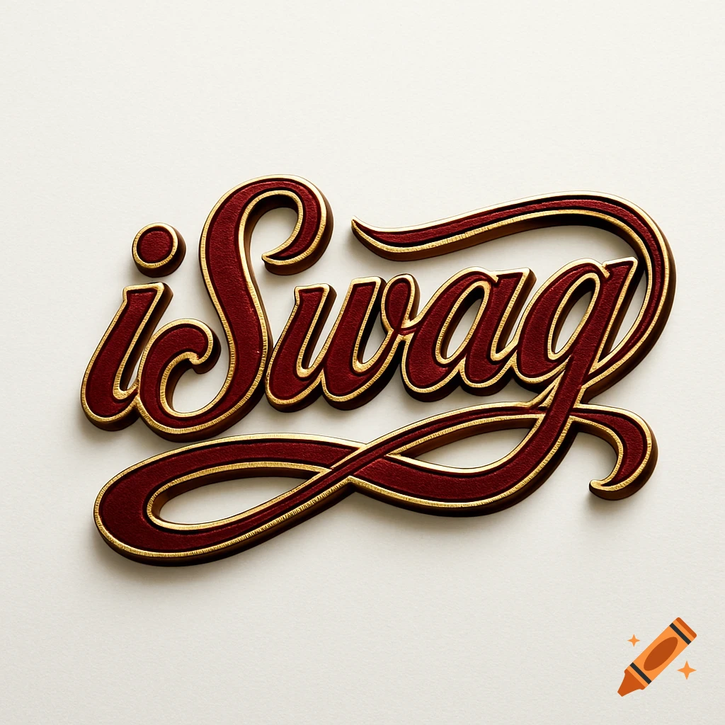 Luxury 'iSwag' logo in flowing burgundy cursive script with gold metallic accents and an embossed effect on white.