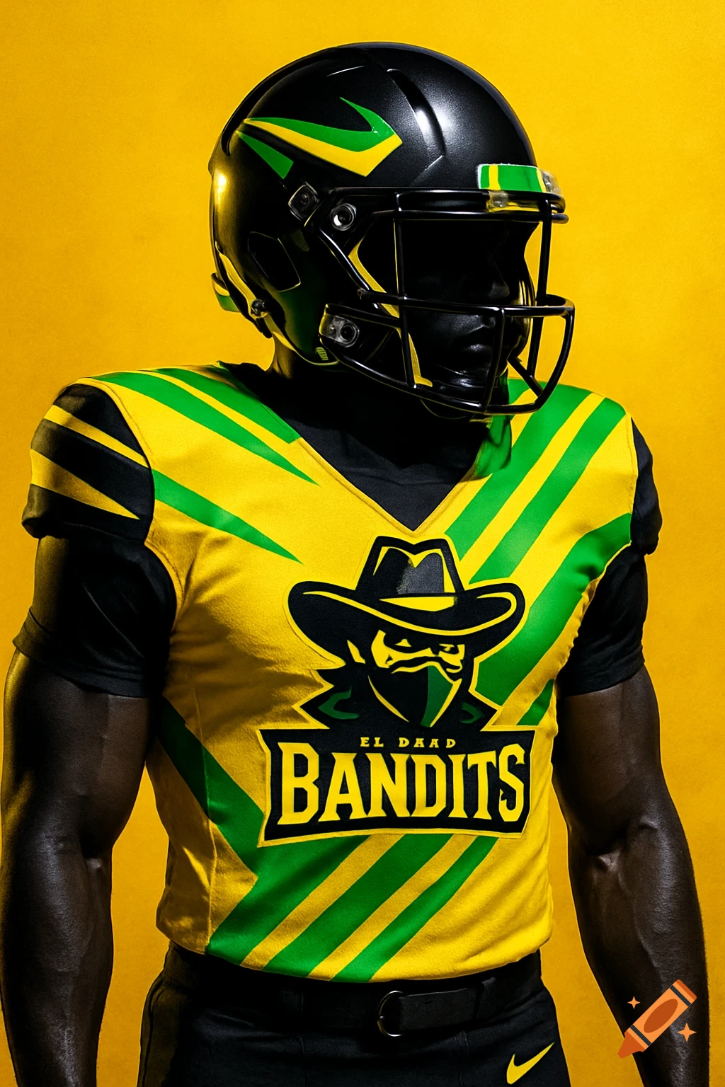 A football player wearing a black, green, and yellow uniform featuring the 'El Daad Bandits' logo against a yellow background.