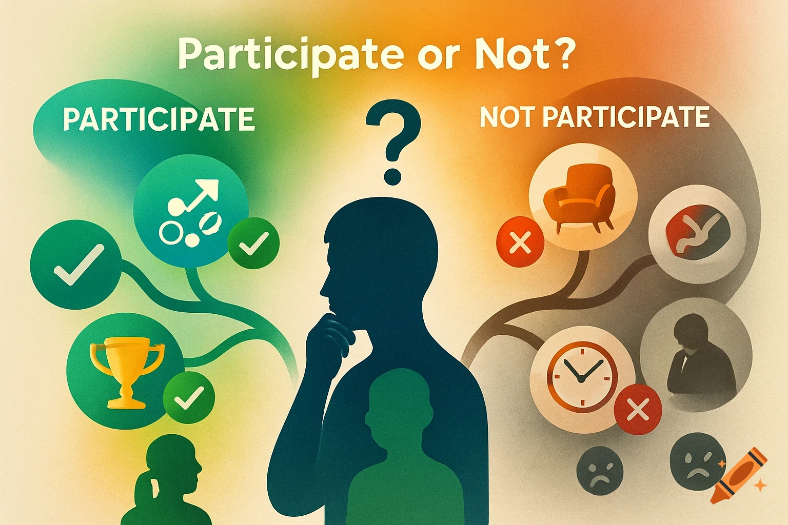 Illustration of a person weighing decisions to participate or not, showing positive outcomes with green checks and negative with red crosses.