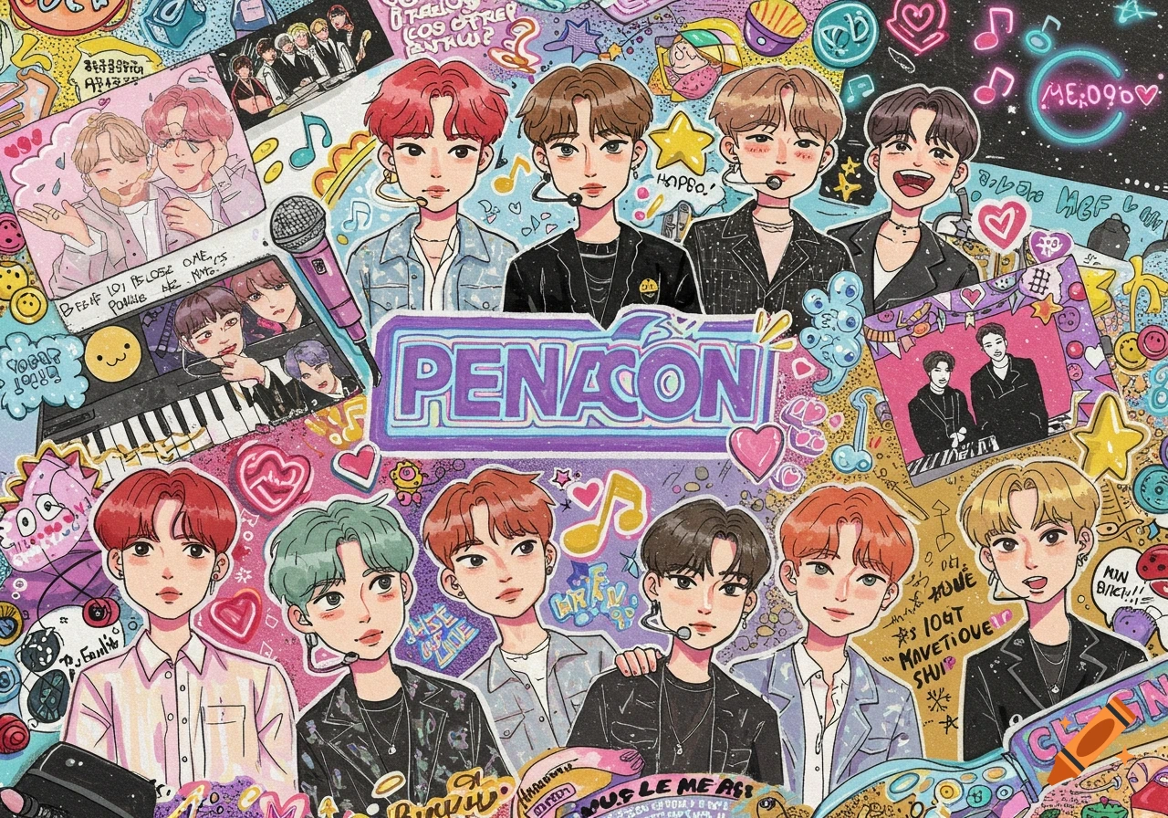 A colorful, vibrant doodle page featuring cartoon-style K-pop idol members, musical notes, hearts, and various pop culture elements.