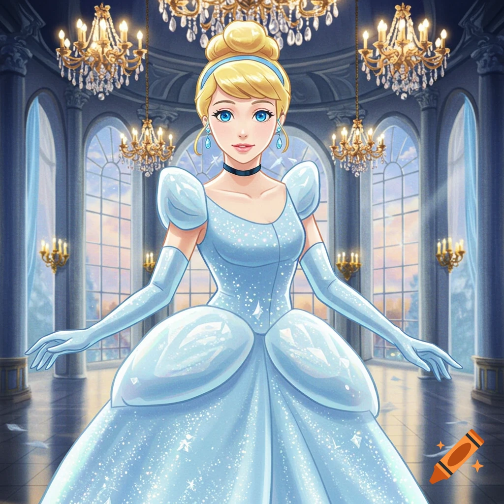 An anime-style Cinderella in a sparkling blue gown and gloves stands in a grand ballroom with chandeliers.