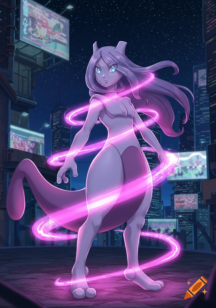 Mewtwo as a purple-skinned human teenage girl with long hair and glowing pink energy in a cyberpunk city at night.