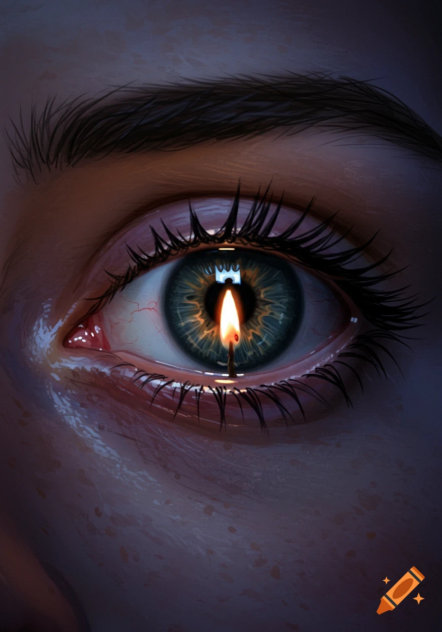Close-up digital art of a human eye with a melancholic expression, featuring a lit candle flame flickering within the iris.