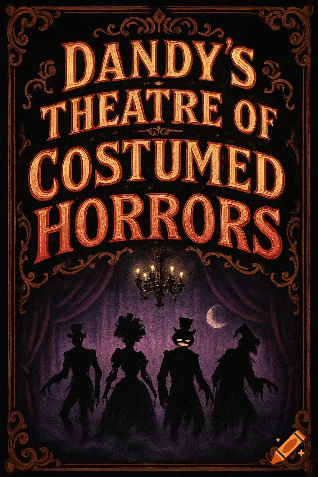Vintage horror theatre poster with ornate text for "Dandy's Theatre of Costumed Horrors" above silhouetted figures, a chandelier, and a crescent moon.