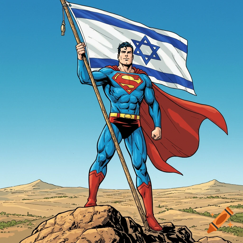 Comic style Superman stands on a rocky hill in a desert, proudly holding an Israeli flag against a clear blue sky.