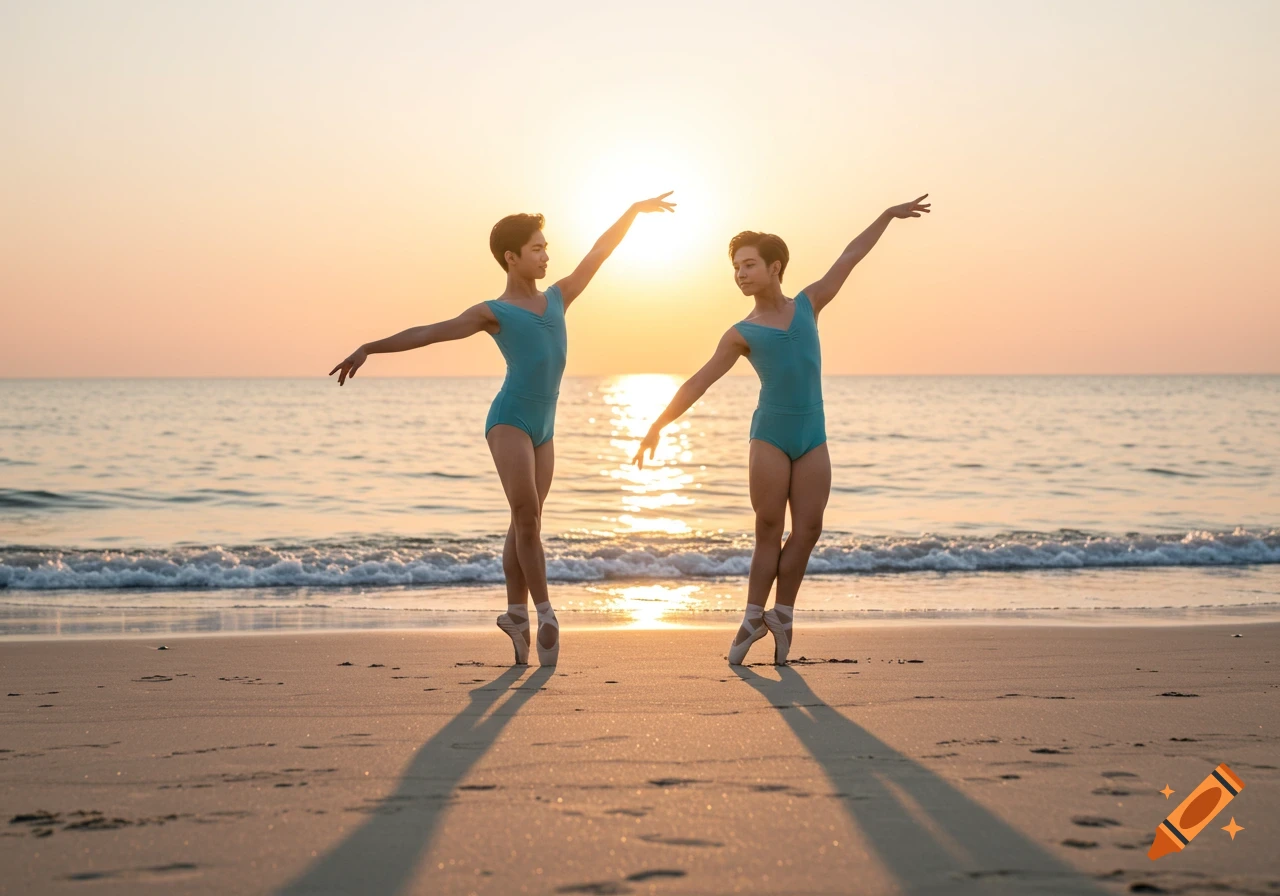 Two ballet dancers in teal leotards pose on pointe on a sandy beach at sunset, waves in the background.