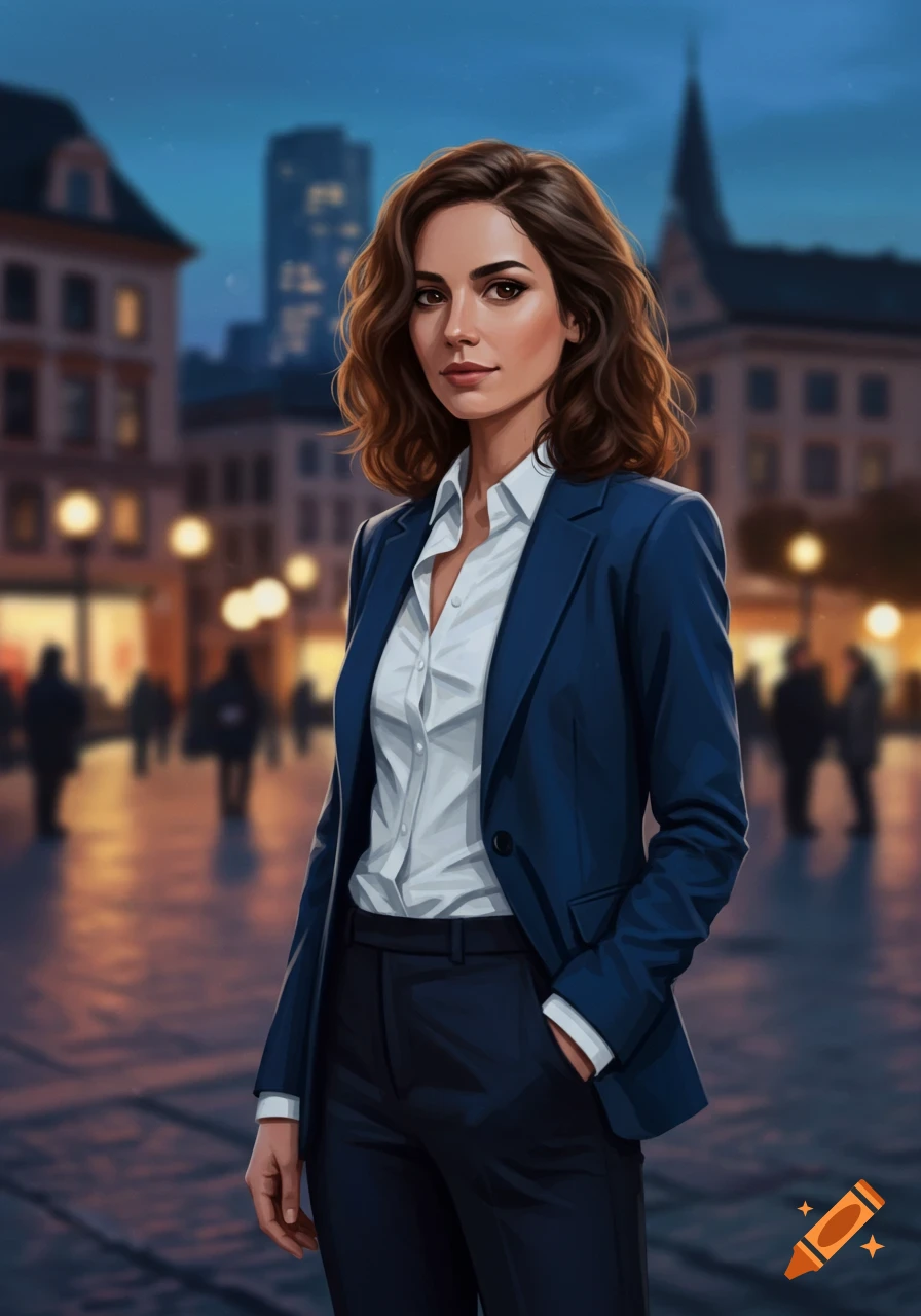 A woman with brown wavy hair in a blue suit and white shirt stands on a city street at dusk, digital art.