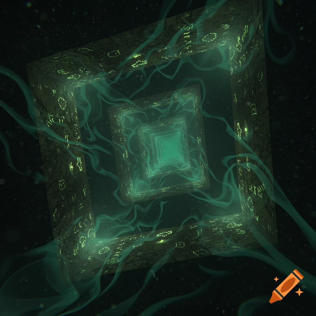 An eerie abstract fantasy art depiction of a dark, square labyrinth corridor with glowing green symbols and swirling mist.