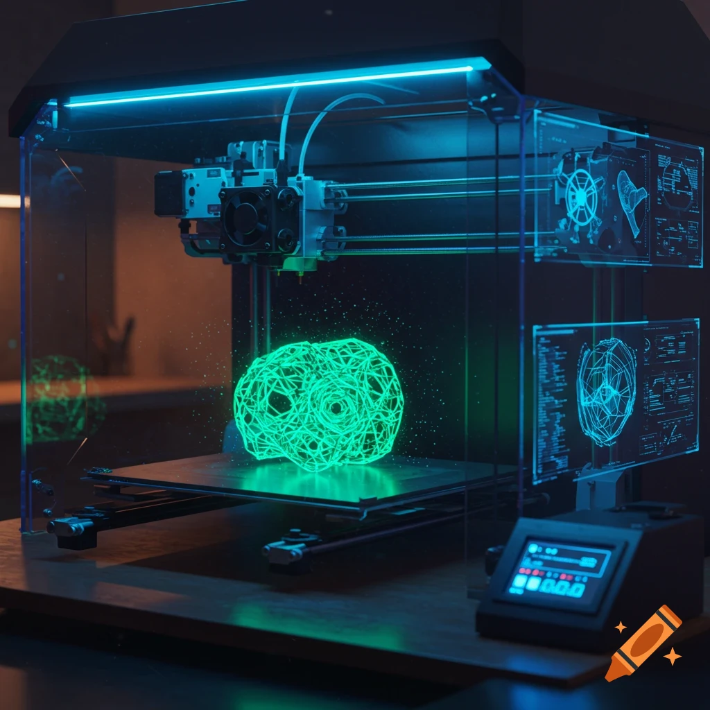 A glowing green intricate object is being 3D printed inside a futuristic machine with neon lights and holographic displays.