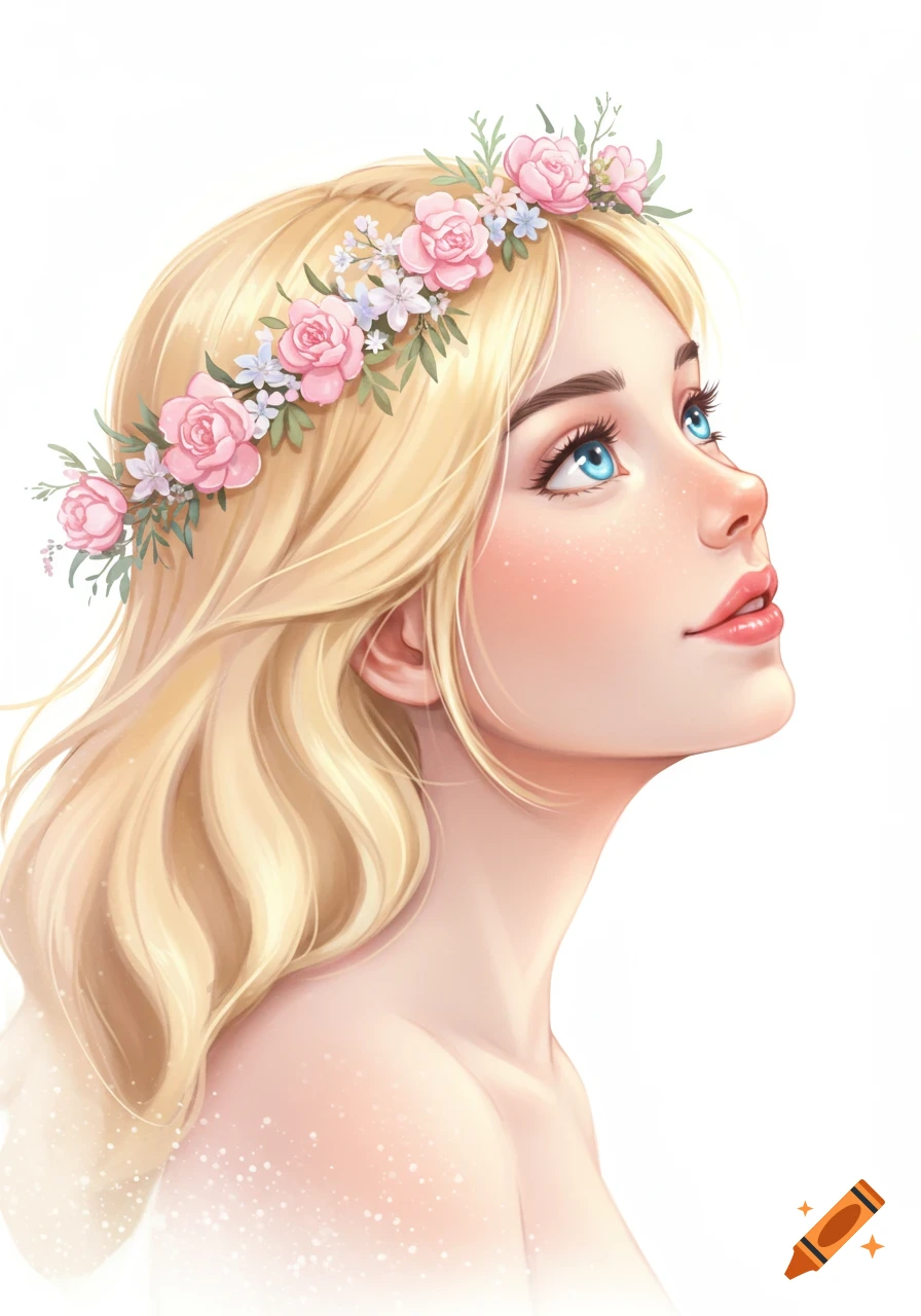 Profile illustration of a blonde woman with a pink flower crown, looking upwards.
