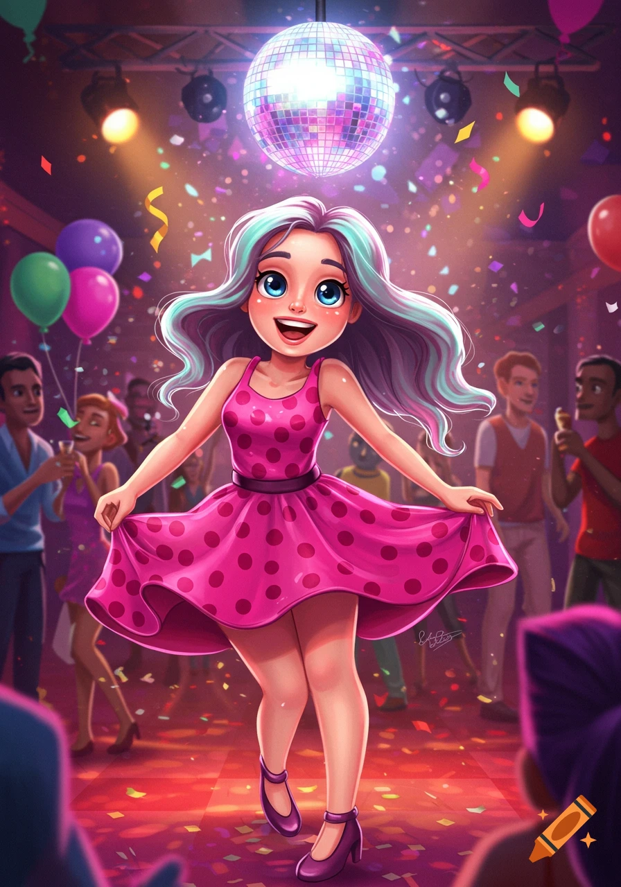 A vibrant cartoon girl with blue and purple hair in a pink polka dot dress dances happily under a disco ball at a lively party.