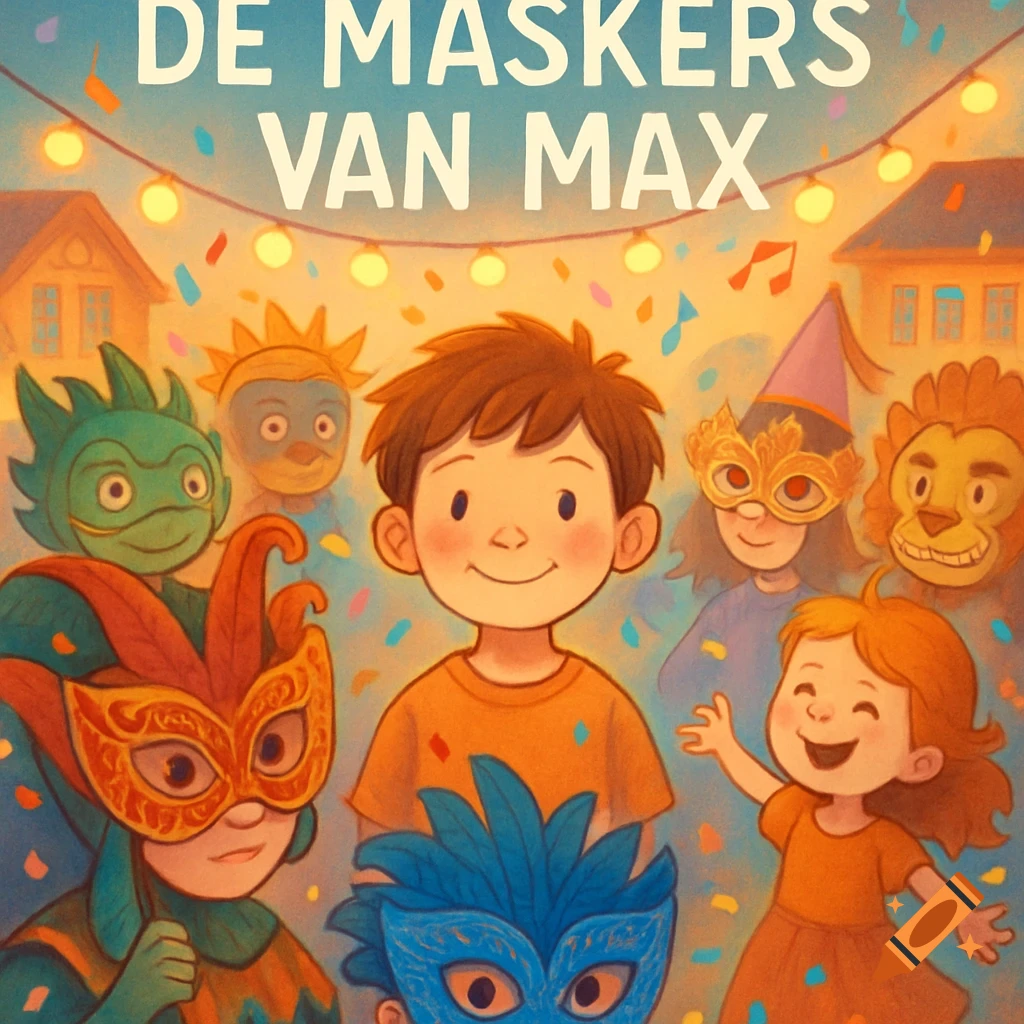 A cartoon illustration of children celebrating carnival, with confetti falling, some wearing masks, and a boy in the center smiling without a mask, under text "DE MASKERS VAN MAX".