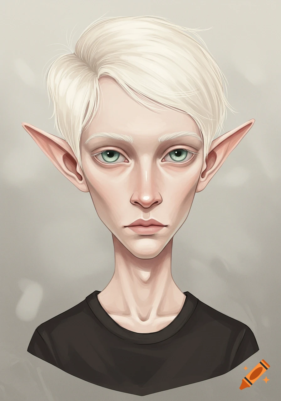 Stylized illustration of a person with very pale skin, white hair, green eyes, and large pointed ears, wearing a black t-shirt.