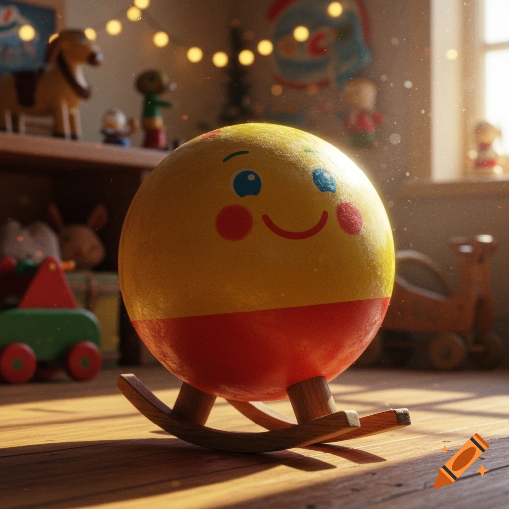 A smiling yellow and red roly-poly toy on a wooden floor in a cozy, sunlit child's room filled with blurred toys and string lights.