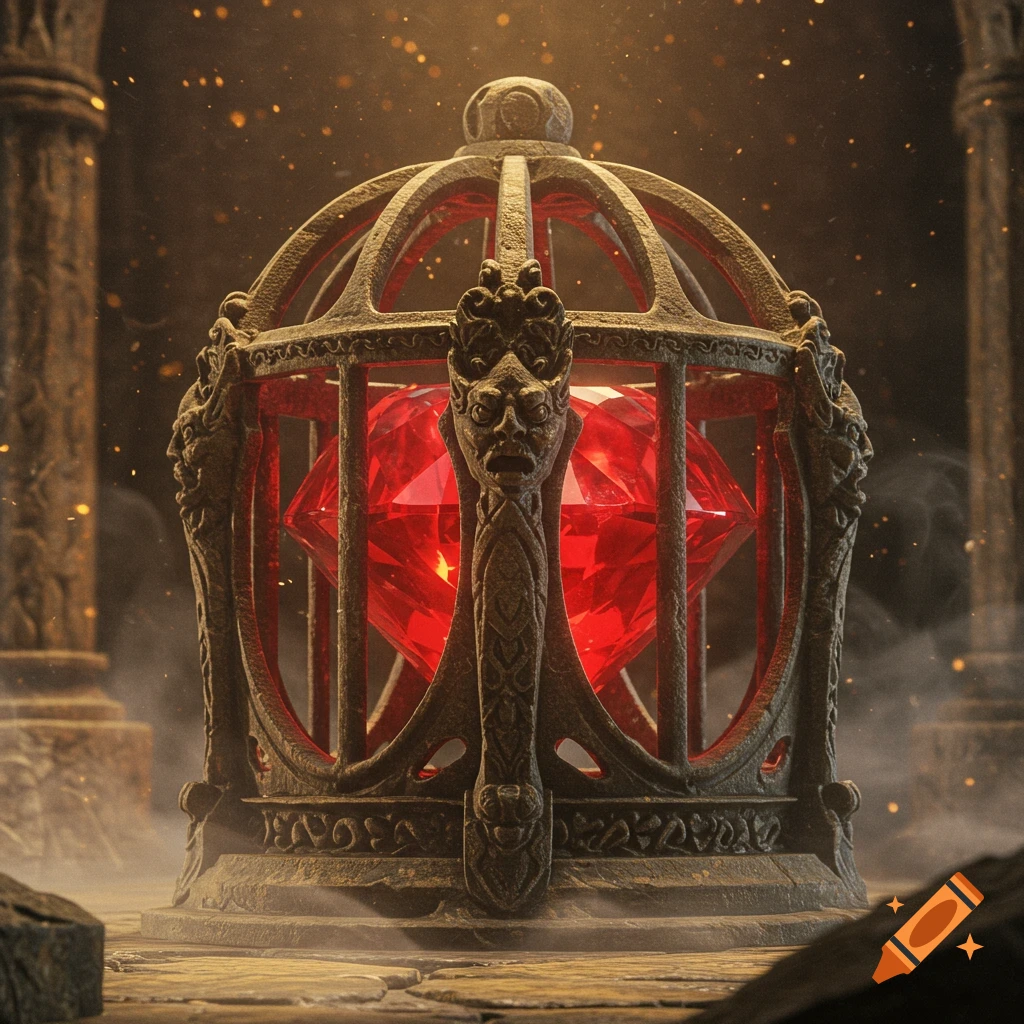 A brilliant red ruby encased in an ornate, dark stone cage with sculpted grotesque faces, set in a shadowy ancient ruin.
