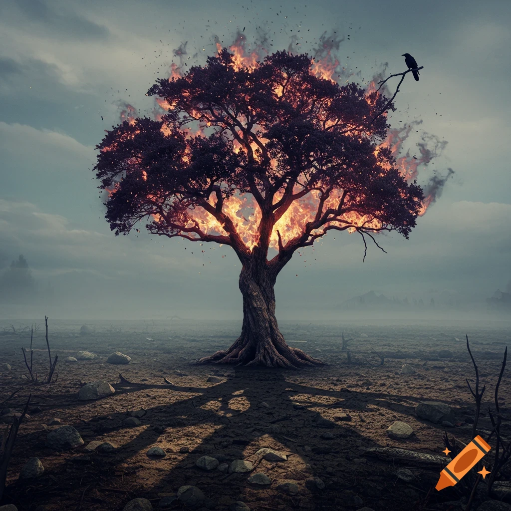 A lone, gnarled tree bursts into flames, standing in a barren, rocky landscape under a dark, cloudy sky with a raven perched on a branch.