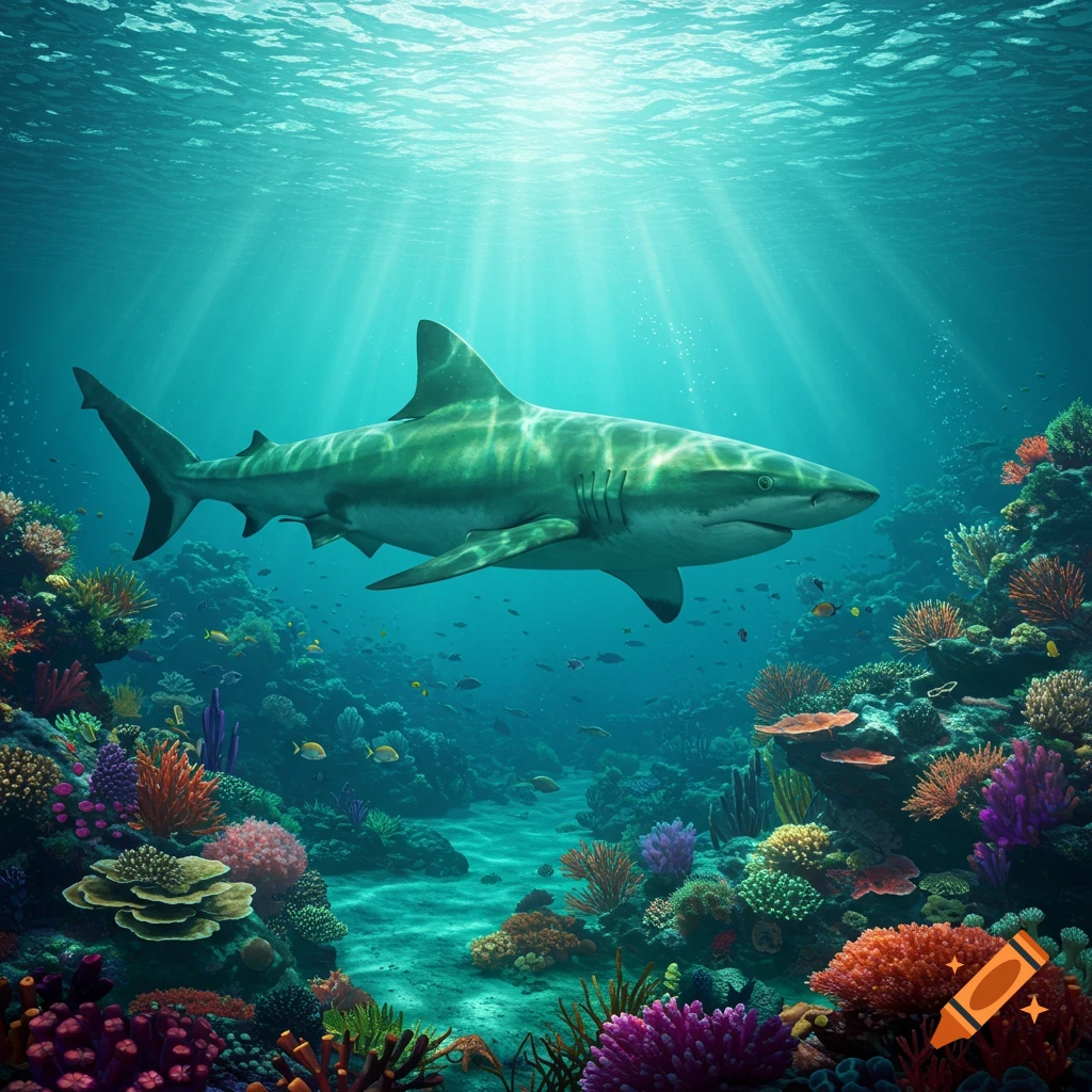 A large shark swims through a colorful coral reef, with sun rays illuminating the clear turquoise water.