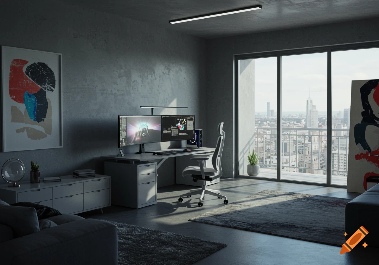 A modern home office with a dual monitor computer setup, an ergonomic chair, and a cityscape view from a large window.