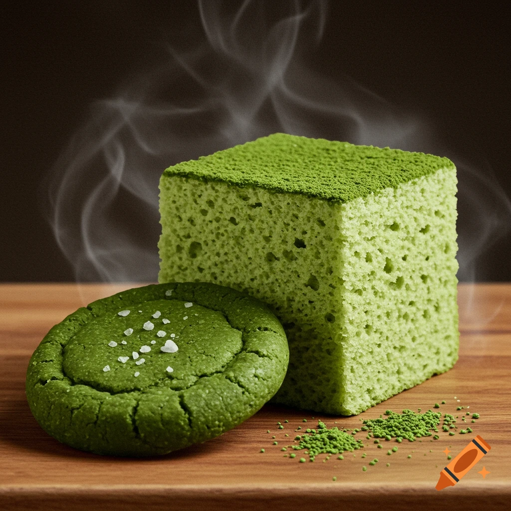 A dark green matcha cookie with sea salt and a light green cube matcha chiffon cake on a wooden surface, with steam rising.