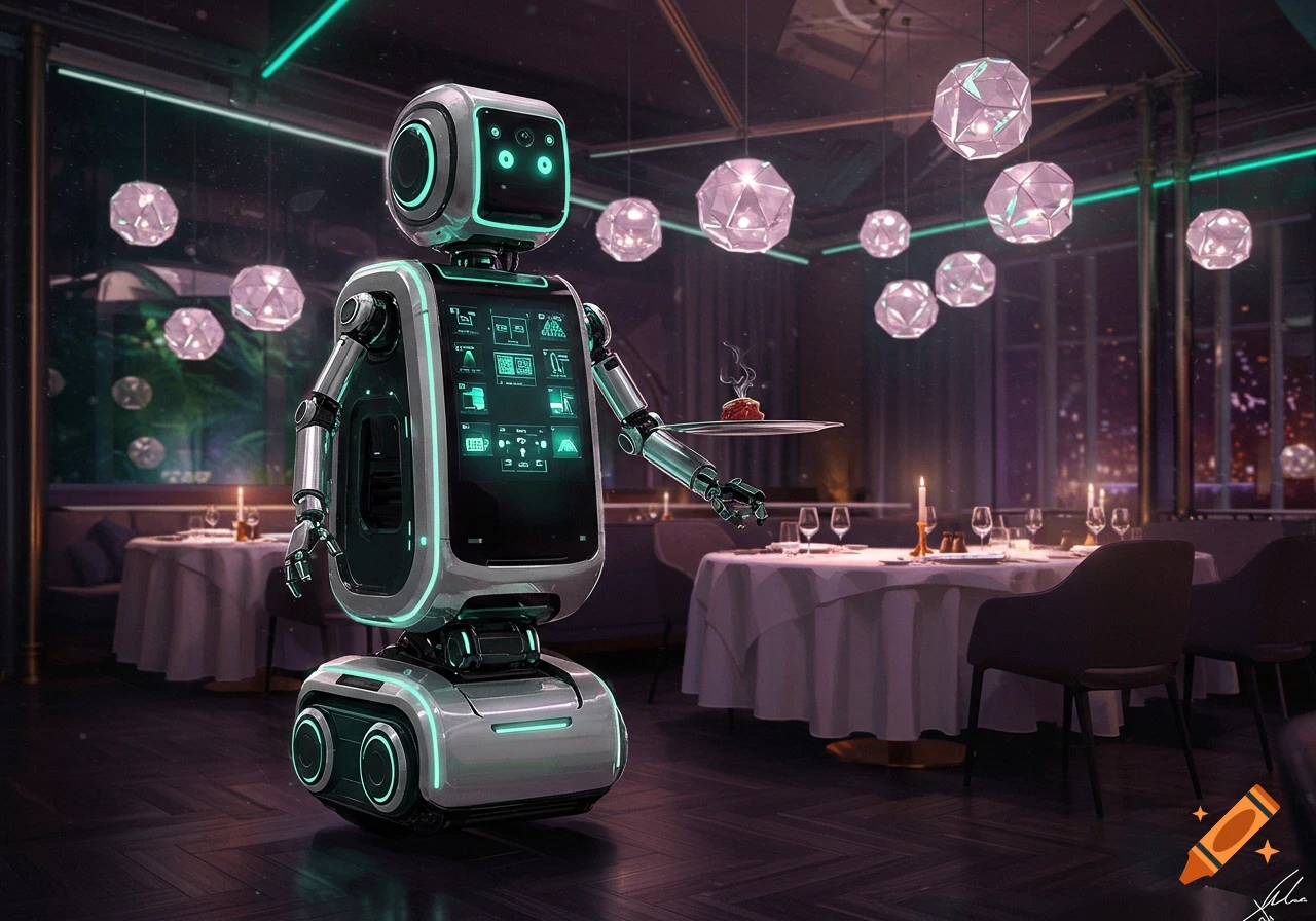 A futuristic white and teal robot serves a small dish on a tray in a dimly lit, elegant restaurant.