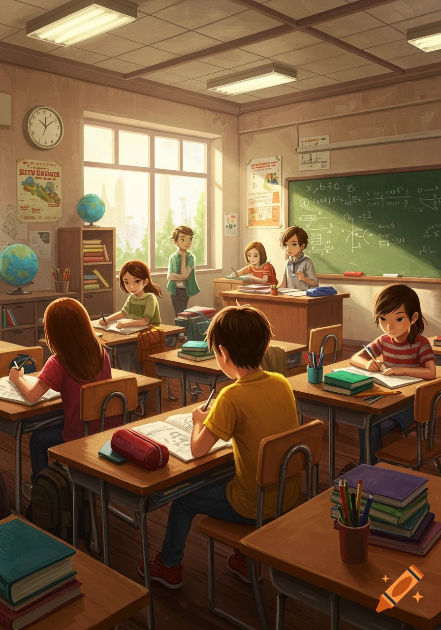 An anime illustration of students drawing and studying in a sunlit classroom, with diverse kids at their desks.