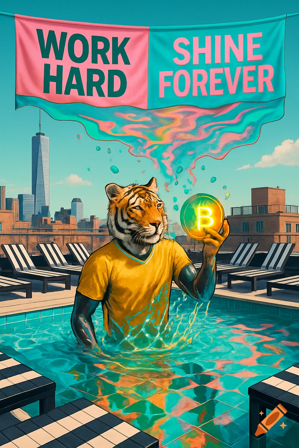 A tiger-headed athlete rises from a rooftop pool, holding a glowing Bitcoin orb, with NYC skyscrapers in the background and 'WORK HARD SHINE FOREVER' banners above.