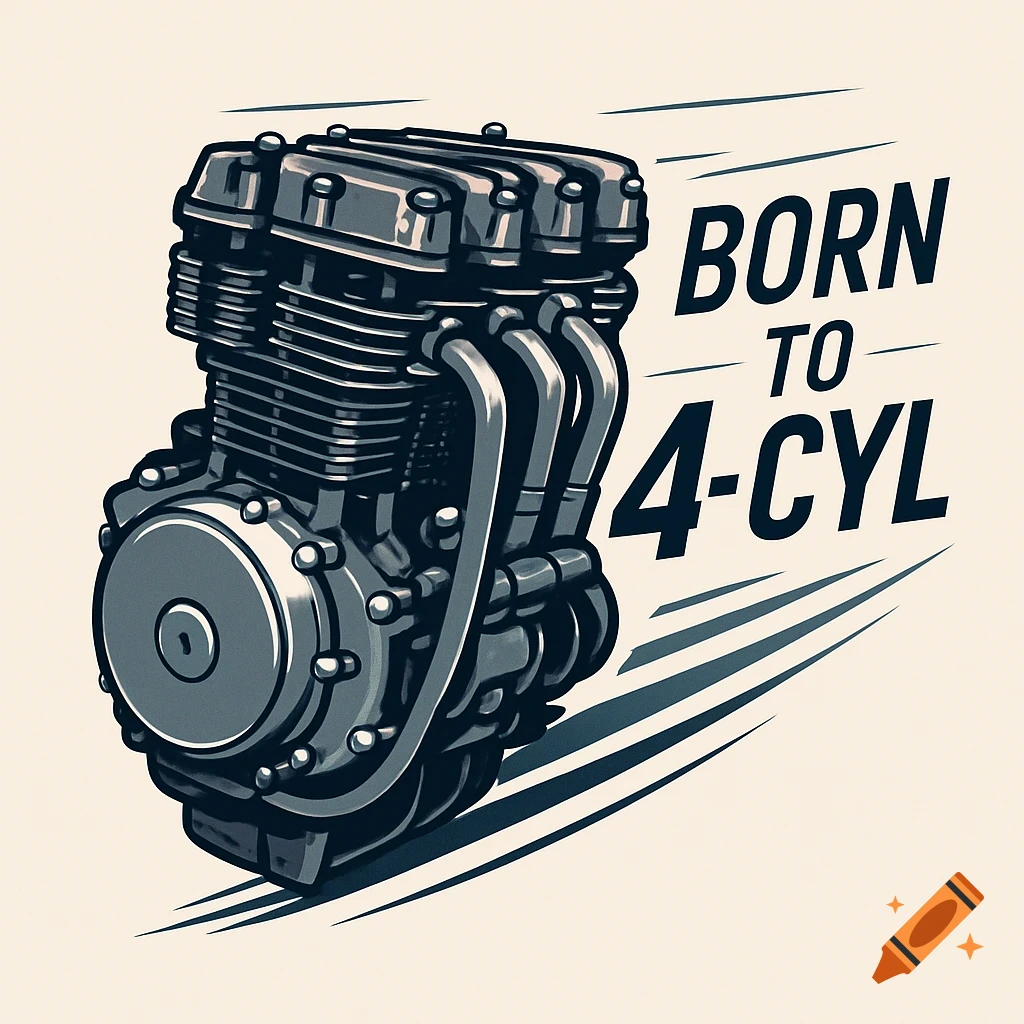 Minimalist illustration of a motorcycle engine with exhaust pipes and motion lines. Text reads 'Born to 4-Cyl'.