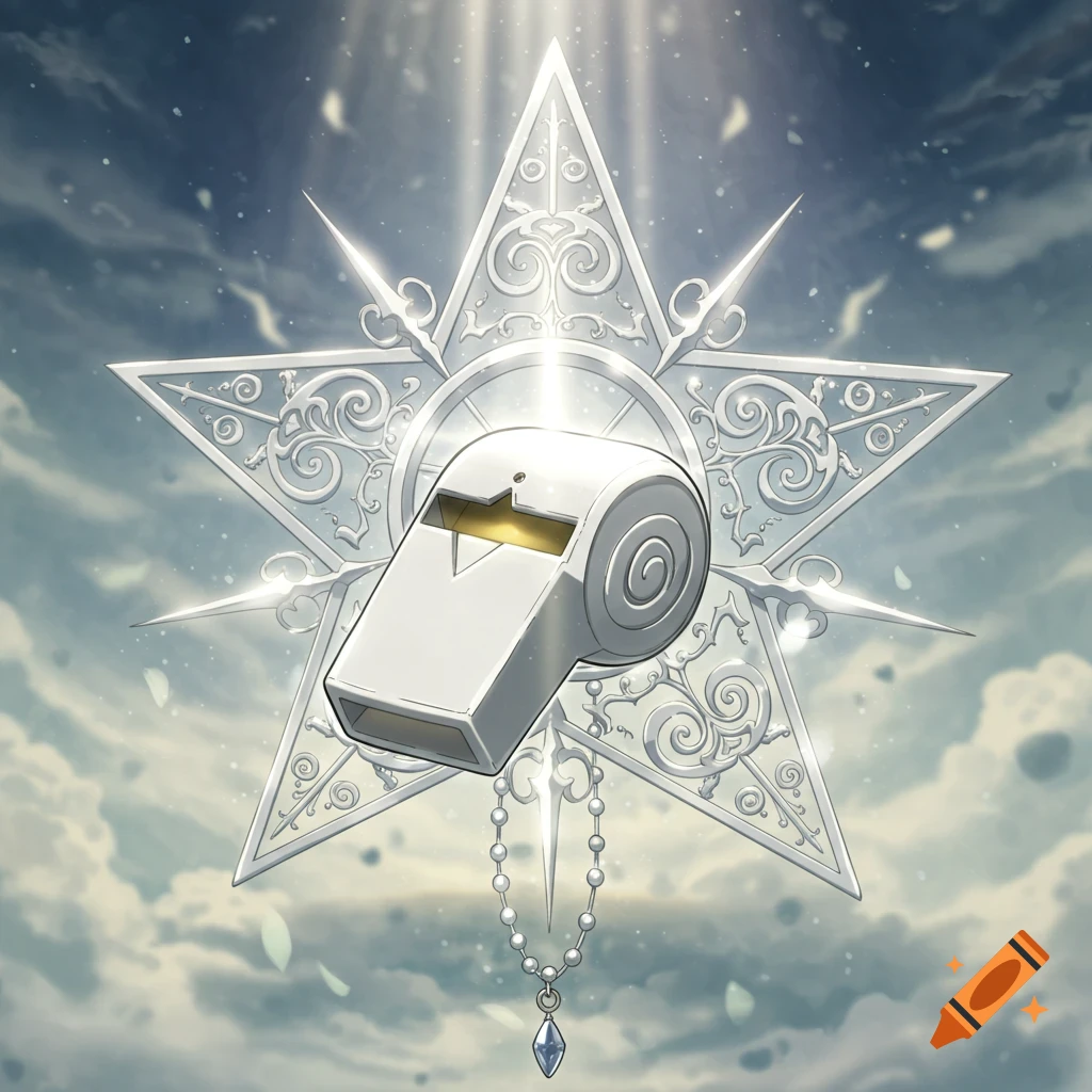 A stylized white whistle with a golden mouthpiece floats before an ornate white star emblem, detailed with filigree. Below, a bead chain with a blue gem hangs, set against a cloudy sky with light rays.