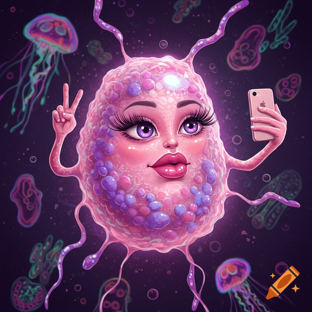 Whimsical cartoon of a pink, bubbly endosome with large lips and eyelashes taking a selfie and making a peace sign, surrounded by glowing microbes.
