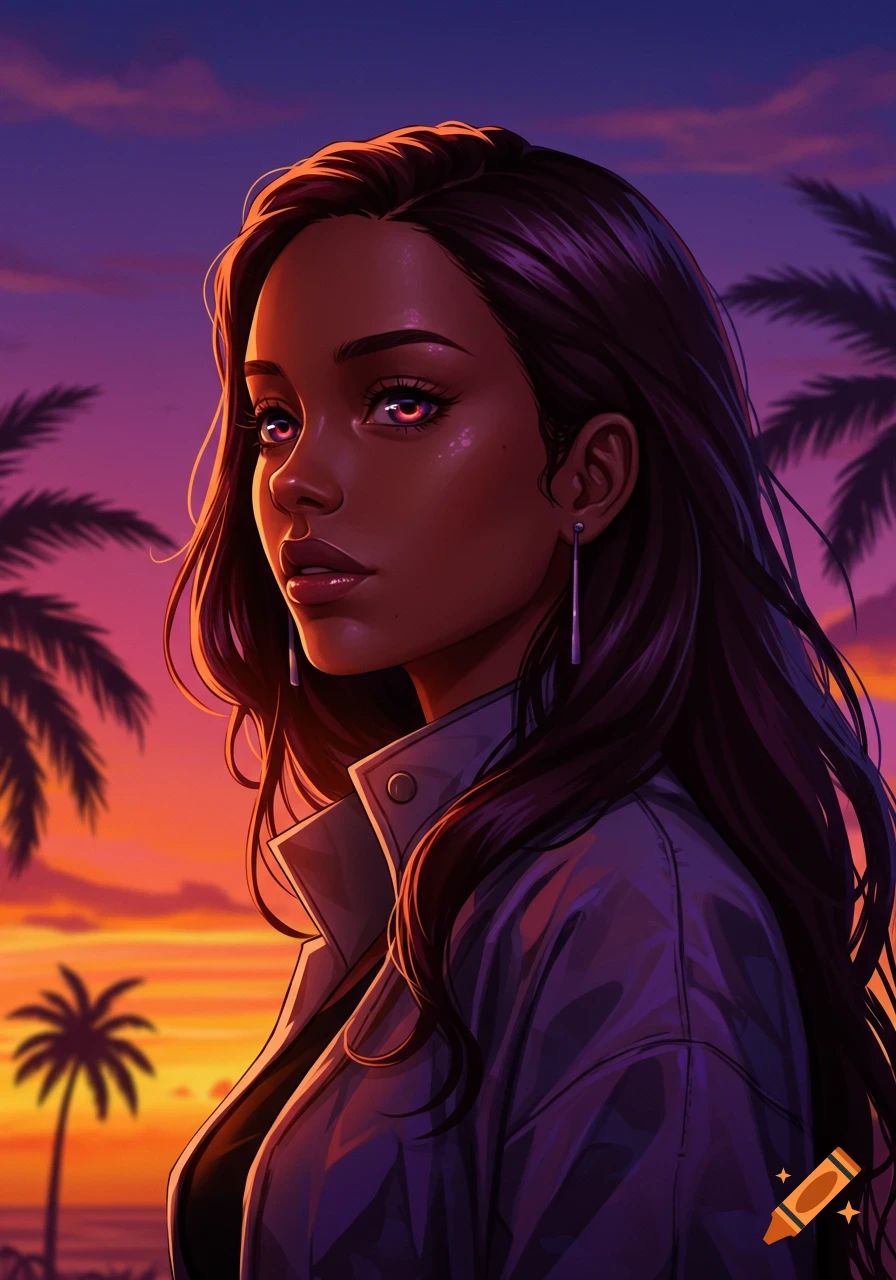 Anime portrait of a woman with dark skin, long dark hair, and glowing pink eyes, wearing a jacket against a vibrant sunset with palm trees.