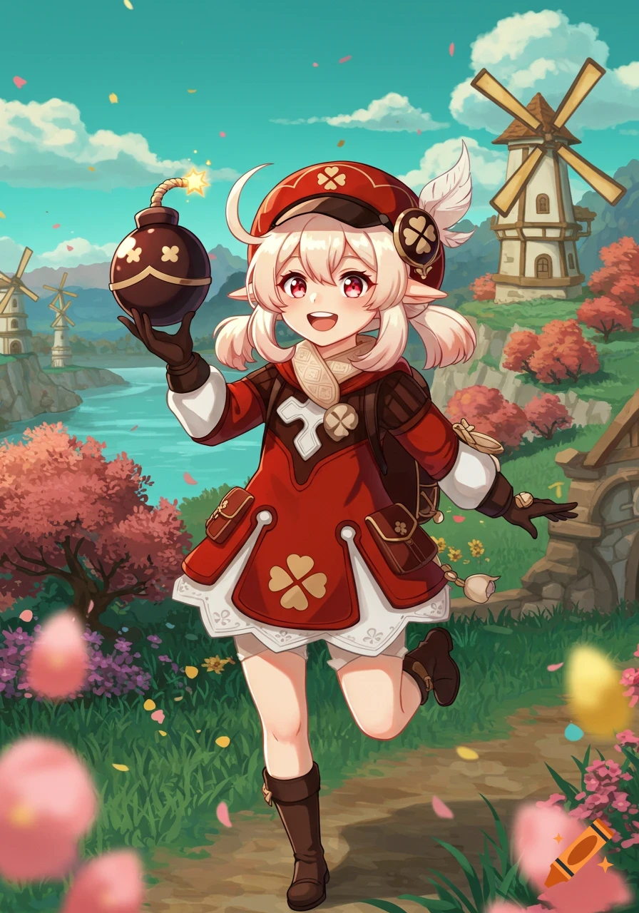 Cute anime girl Klee from Genshin Impact, in a red outfit, happily runs while holding a bomb in a colorful fantasy landscape with windmills.
