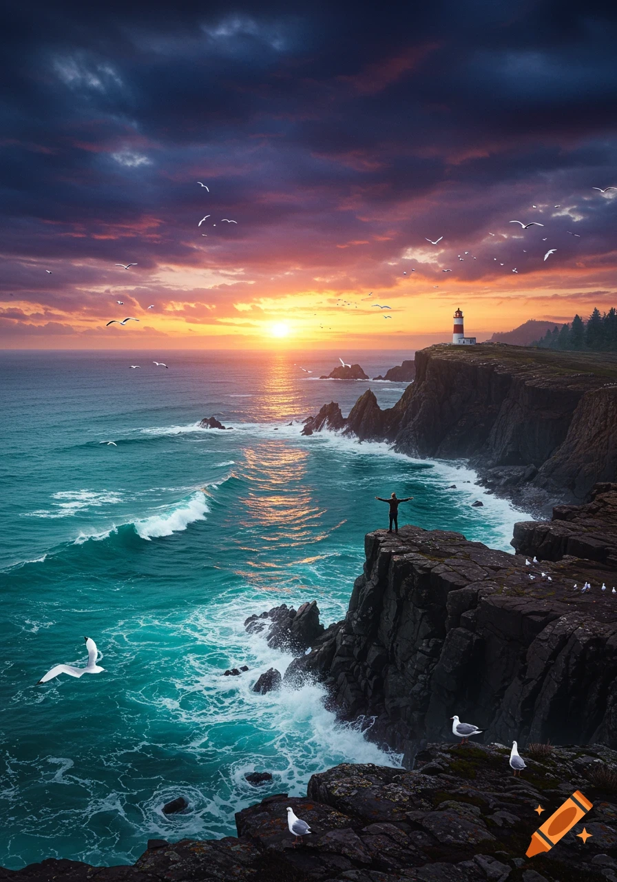 A person stands on a rugged cliff overlooking a vibrant turquoise ocean during a dramatic orange and purple sunset, with a lighthouse on the distant headland.